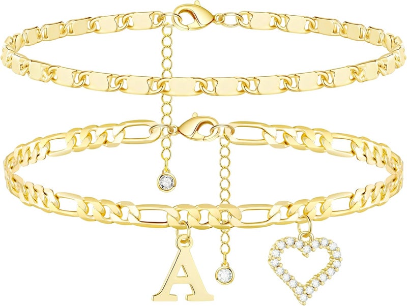 Wremily Initial Ankle Bracelets for Women Waterproof 14K Gold Plated Dainty Layered Figaro Chain Letter Initial CZ Heart Ankle Bracelets Set Summer Beach Jewelry for Women - Image 1